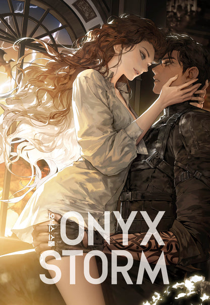 Illustration of a couple embracing with 'Onyx Storm' branding.